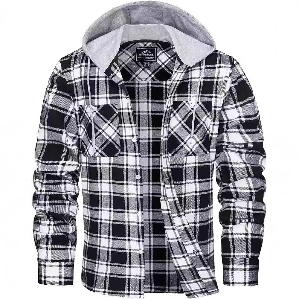 Pánská flanelová košile na podzim a zimu, bavlněná košile s dlouhým rukávem s kostkovaným vzorem, ležérní košile s kapucí