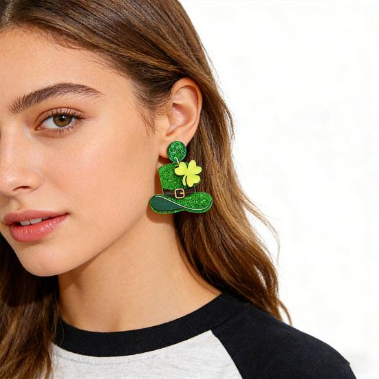 St Patricks Day Earrings Lightweight Acrylic Glitter Shamrock Earrings Sparkly Lucky Clover Dangle Drop Earrings for Women Holiday Party Accessories