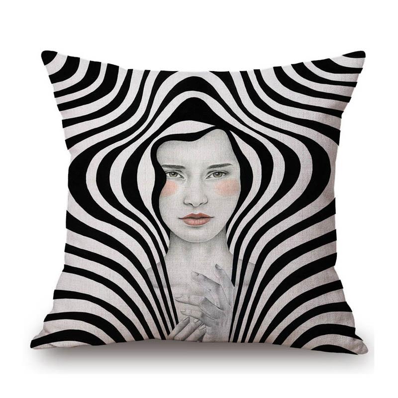 Modern Art Surrealism Black White Strips Girl Fashion Art Home Decoration Sofa Throw Pillow Case Cotton Linen Cushion Cover