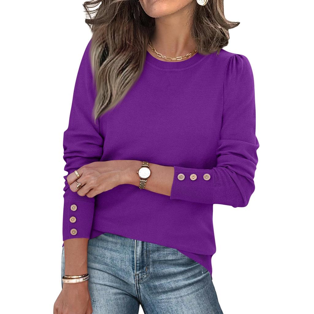 Womens Fashion Long Sleeve Button Cuff Soft Knit Pullover Trendy Tops Solid Color