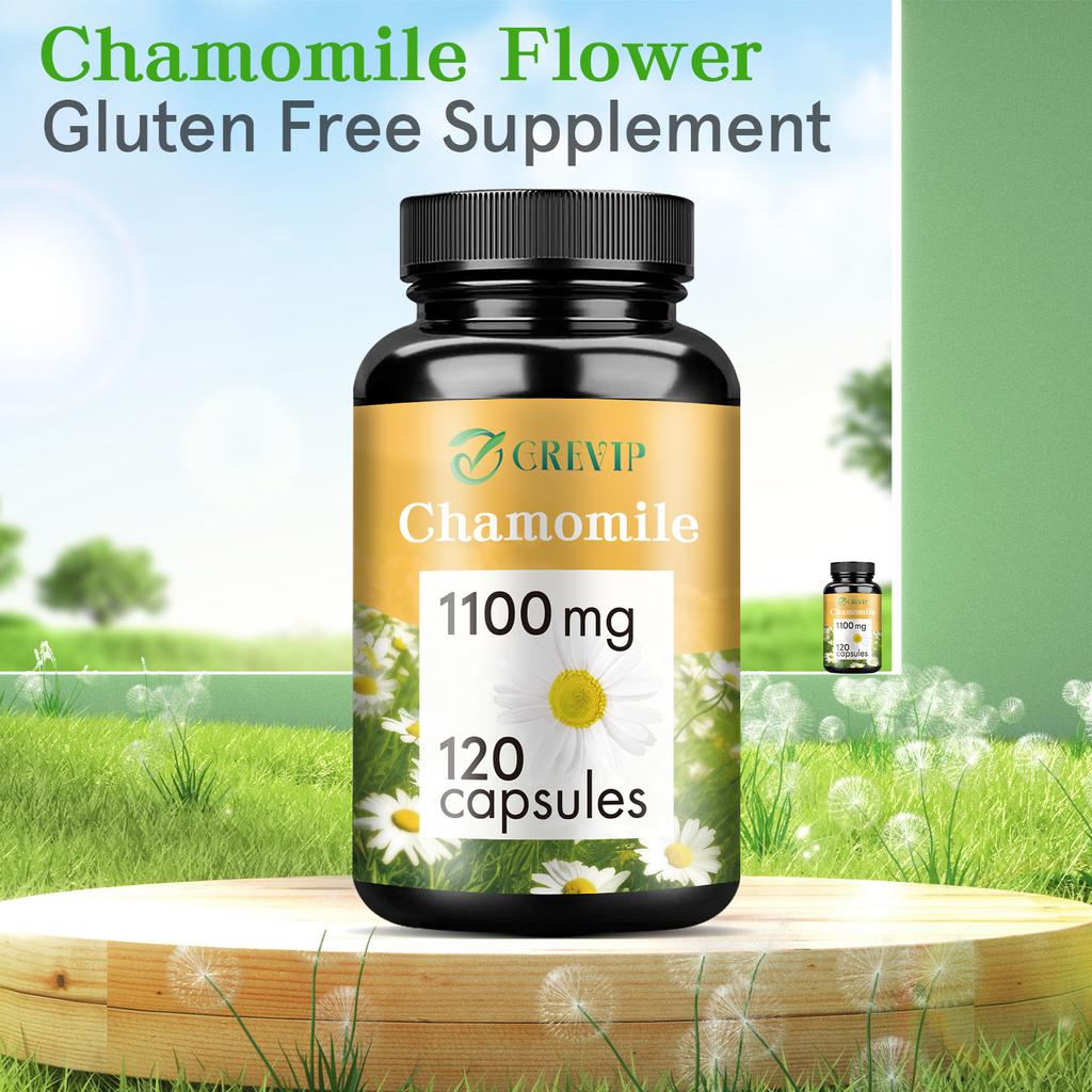 Chamomile extract capsules, natural supplement, 1100 mg per serving, suitable for both men and women.
