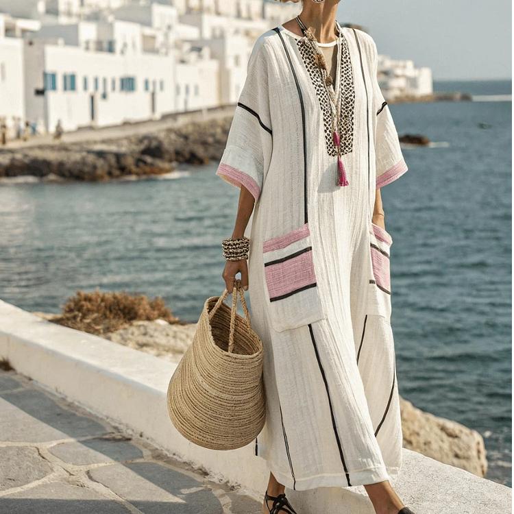 Summer Elegant Plus Size Kaftan Maxi Dress V Neck Half Sleeve Geometric Print Loose Fit Flowy Big Swing Casual Beach Vacation Holiday Long Dress