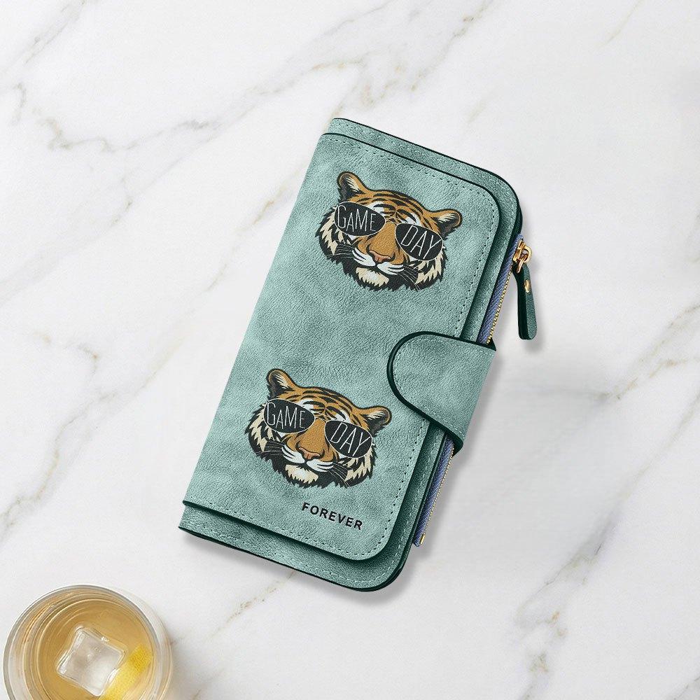 Long Wallet with Tiger Wearing Sunglasses and Game Day Logo Print Multifunctional Portable Snap Button Coin Purse Unisex Perfect Birthday Gift for
