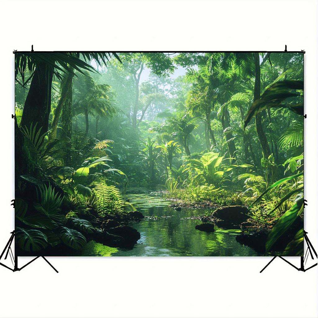 1 pièce de tissu de fond de ruisseau de forêt tropicale - végétation luxuriante, arbres et éléments aquatiques en arrière-plan