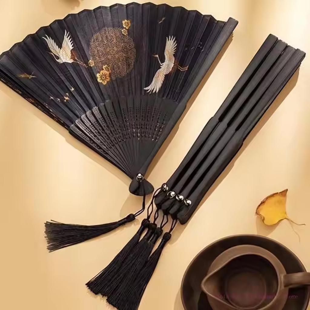 Vintage Styles Chinese Hand Fan Cranes Pattern Ancient Folding Fan with Tassels for Travel and Performances Use C7AC