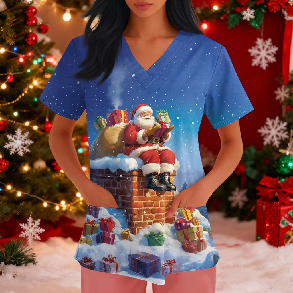 Women's Loose Short Sleeved Fashionable Tooth Pattern Printing V-neck Buttonable Side Slit Top T-shirt