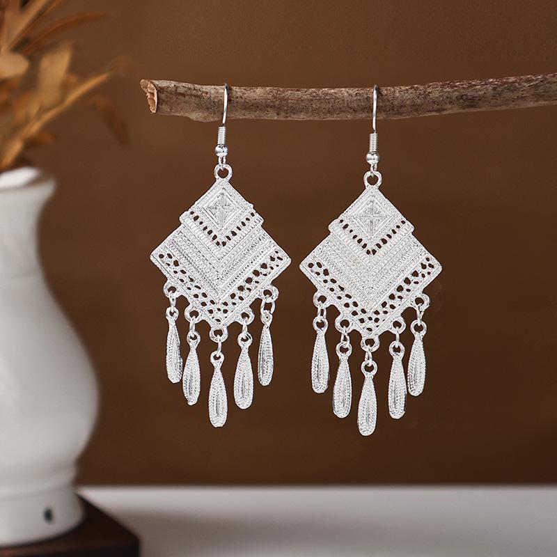 Ethnic Miao Silver Tassel Earrings - Retro Long Dangle Scenic Studs for Women