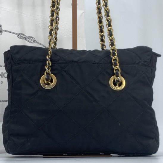 PRADA Shoulder Bag Quilted Gold Chain Tessuto Nylon Leather Black Women's Triangle Plate Logo