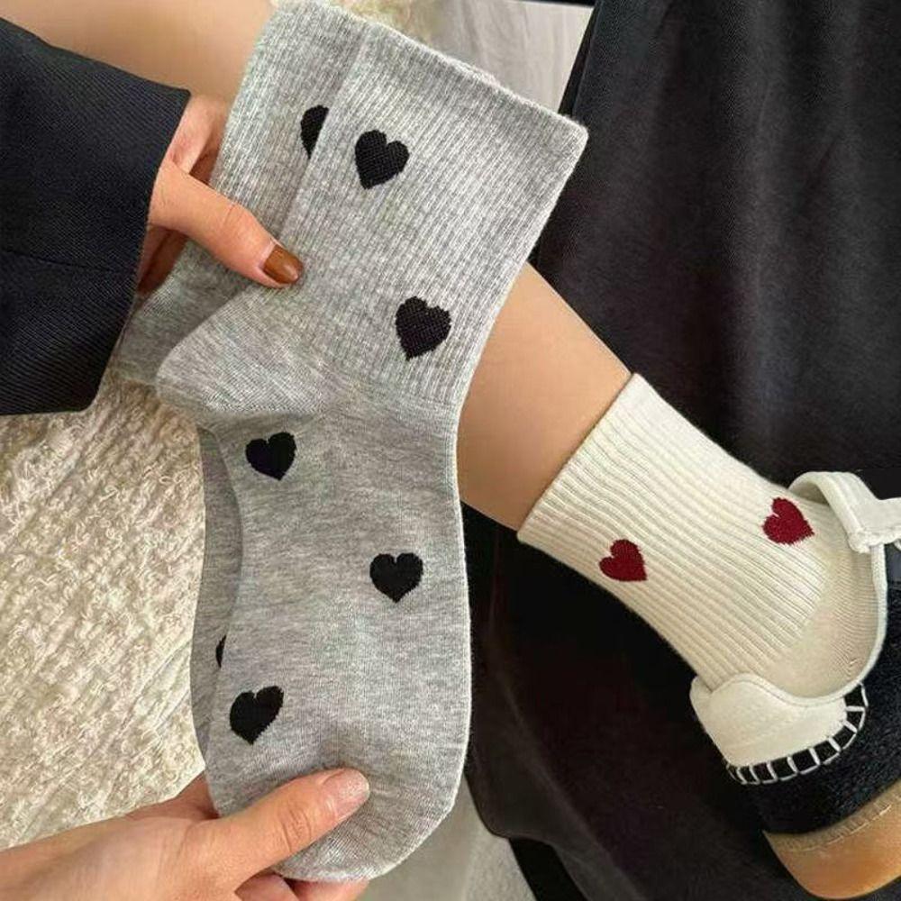 5Pairs Harajuku Patchwork Color Socks Heart Pattern Mid Tube Socks Love Mid-Calf Socks Sports