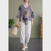 2022 Summer V-Neck Asymmetrical Cotton Linen Shirt - Printed, Plus Size, Mid-Length Sleeves, Retro Women's Fashion