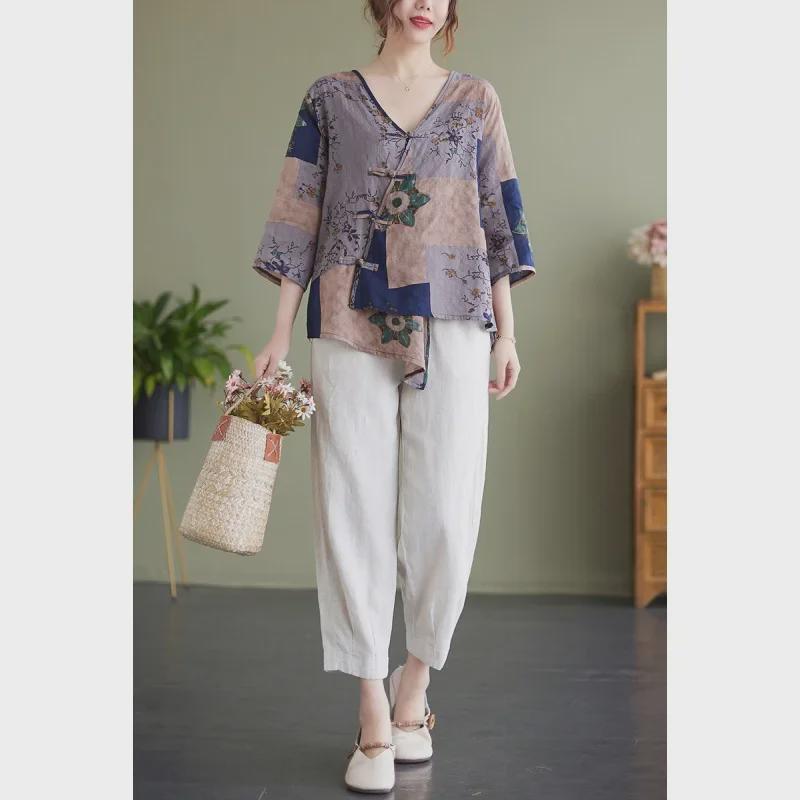 2022 Summer V-Neck Asymmetrical Cotton Linen Shirt - Printed, Plus Size, Mid-Length Sleeves, Retro Women's Fashion