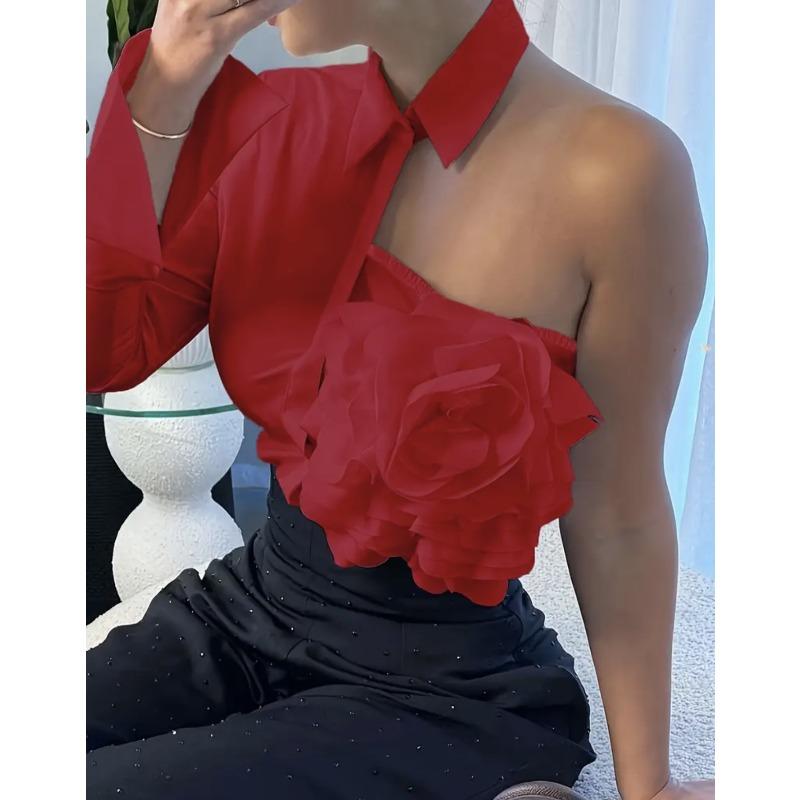 

One-shoulder Skin-revealing Design Shirt and Top, Three-dimensional Large Flower Decoration, Fashionable and Elegant Versatile Clothes XXL червоний
