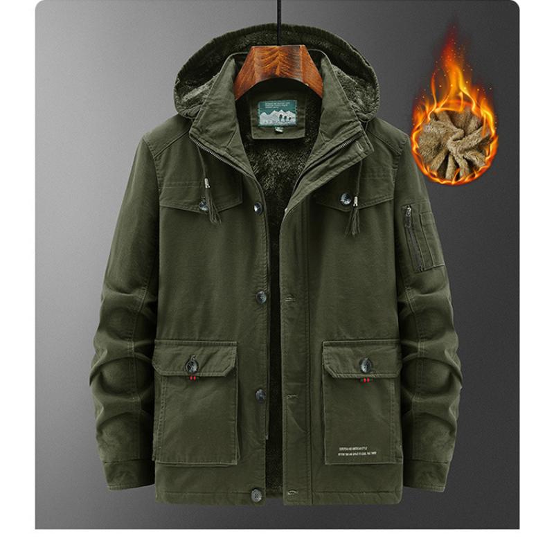 Winter Men's Cotton Coat Plus Velvet and Thickened Coat, Work Jacket, Multi-pocket Hooded Top Coat