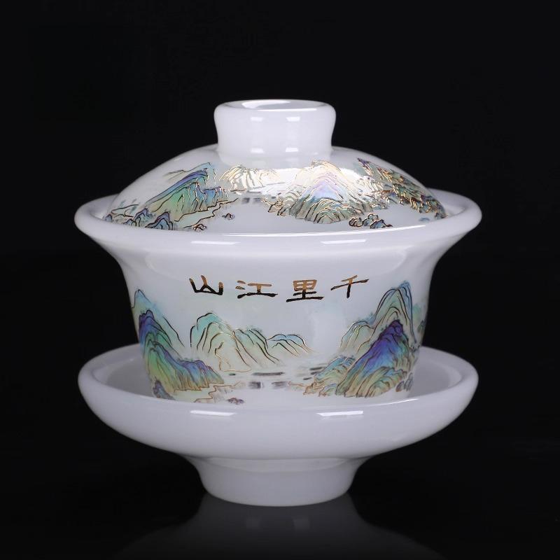 Light Luxury Glazed Three Talents Cover Bowl White Jade Household Kung Fu Tea Set Office Meeting Guest Gift Jade Porcelain