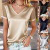Damen Satin V-Ausschnitt Kurzarm T-Shirt mit Netz-Strassstein Ärmeln