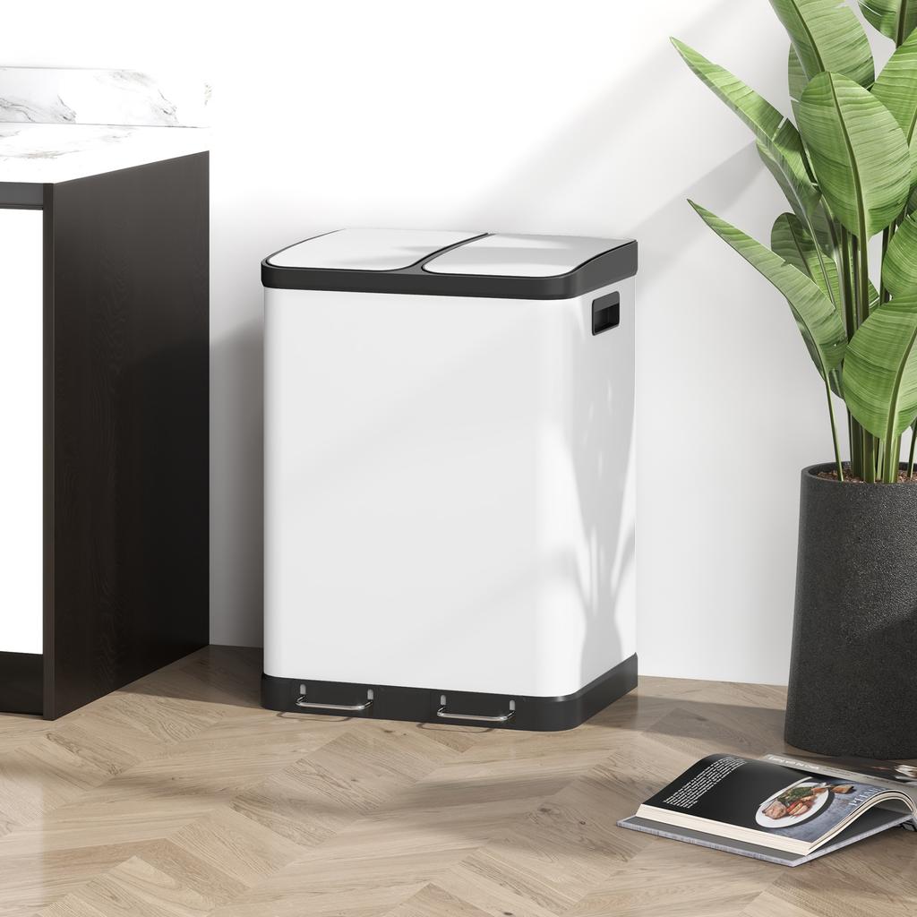 Dual Compartment Trash Can, 2 X 30L, Fingerprint-Resistant, Pedal, Removable Inner Bins, Grey