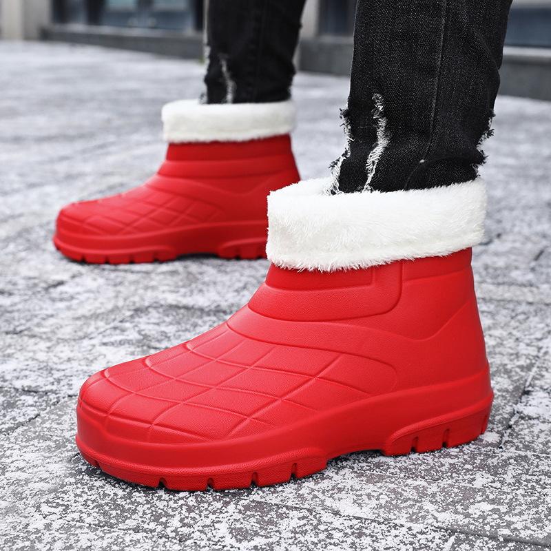 

Уличная дождевая обувь задняя кухня теплая модная мужская и женская водная обувь резиновые сапоги короткие средние кухонные пара бархатные сапоги 44/45 красный