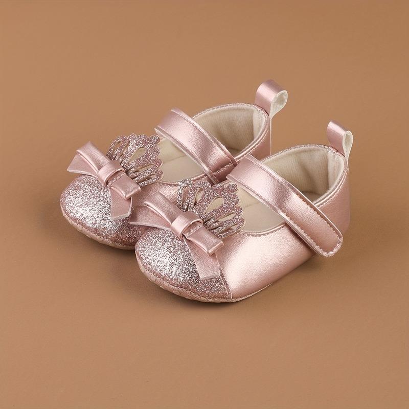 Flat Crown-Patterned Princess Shoes for Newborn Girls Aged 0-1, Featuring a PU Butterfly Knot And Glittery Design, Perfect for Spring And Summer
