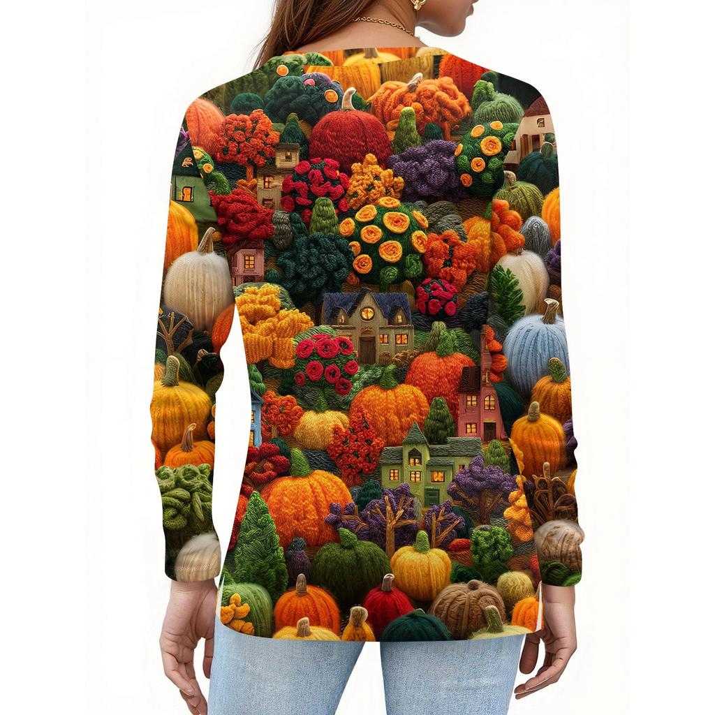 Women's Fashion Casual Slit Hem Round Neck Long Sleeve Loose Halloween Printed T-Shirt Ladies Top