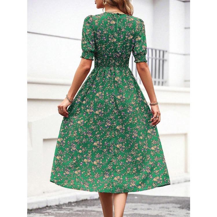 Women Summer Puff Sleeve High Waist Floral Midi Vacation Print Long Comfortable Lightweight High Recognition Elegant with Flattering Chic Dress