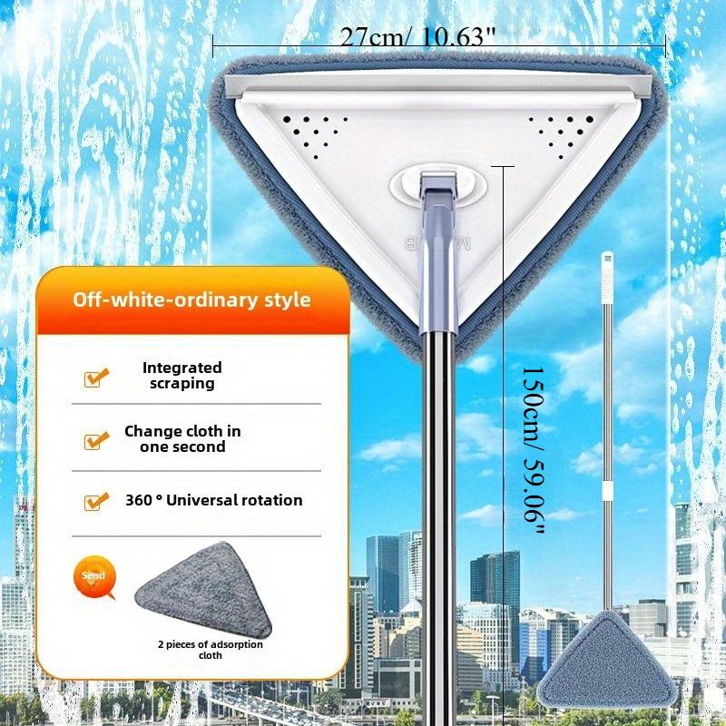 2-in-1 Telescopic Window Squeegee Scrubber Multifunctional Triangle Window Cleaner Mop with Extendable Handle Wiper 27cmx150cm-1mop+2cloths