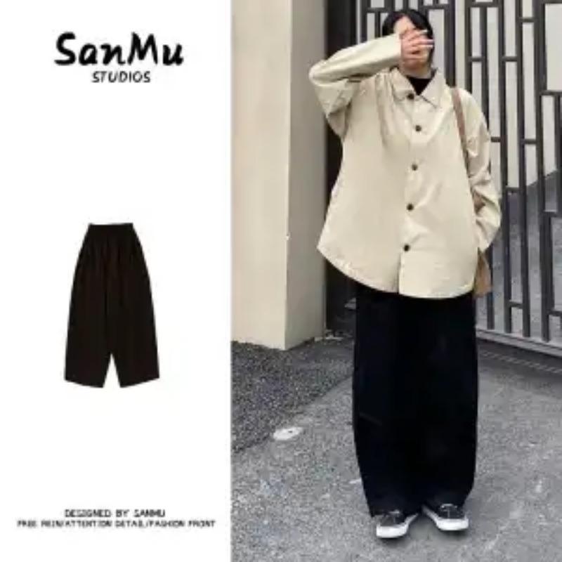 Spring Men Khaki Wide Leg Pants Side Stripe Casual Baggy Trousers Cotton