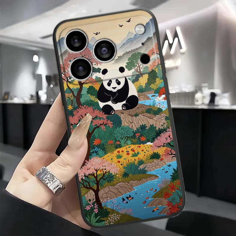 Cartoon Anime Panda Cute For Apple iPhone 17 16 16E 15 14 13 12 11 Pro Max Plus Black Soft Silicone Phone Case