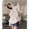 Women's Oversized White-Grey Fleece-Lined Cotton Hoodie: Retro American Style for Autumn-Winter