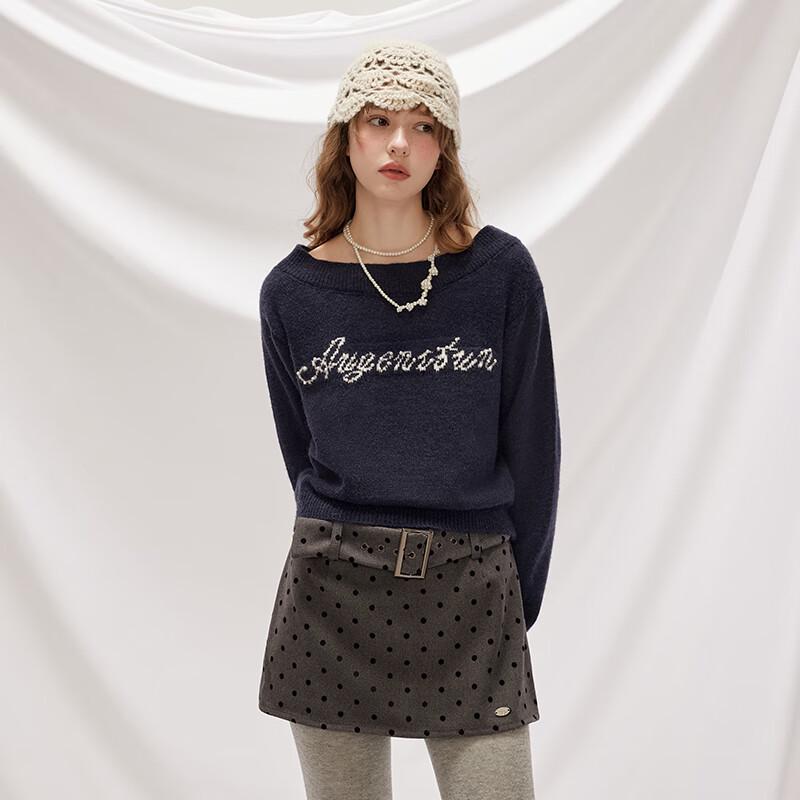 UNIFREE Off-Shoulder Letter Jacquard Knit Sweater
