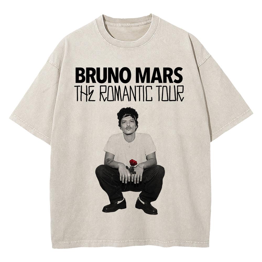 100% Cotone Lavaggio Vintage Bruno Mars The Romantic Tour 2026 Maglietta Moda Uomo/Donna Retro Oversize Larga Acid Wash T-shirt