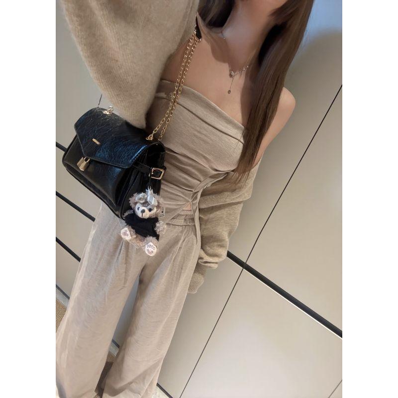 Kumikumi Idle Style Knitting Cardigan Outwear Women's Split Tube Top Vest Autumn Loose Casual Pants Three-Piece Set