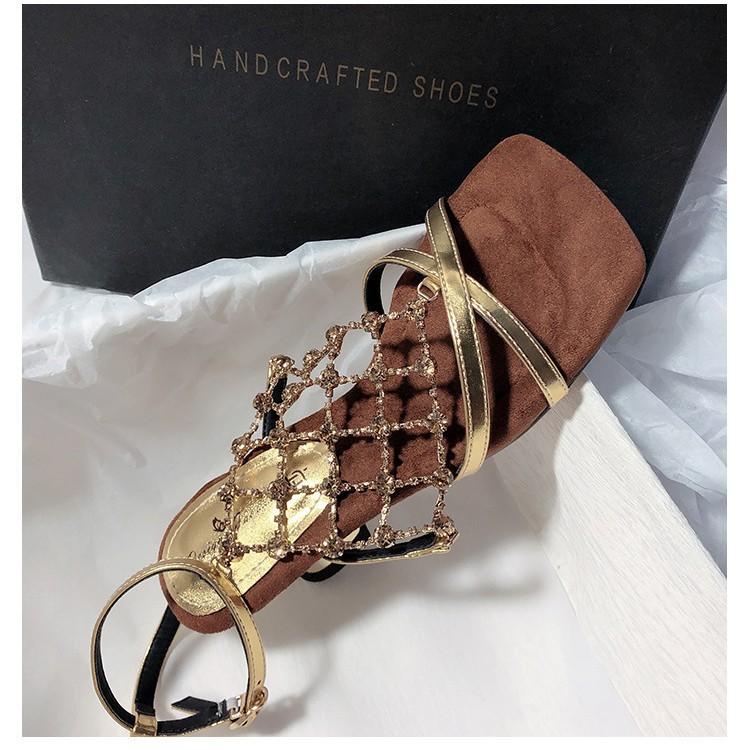 2025 New Rhinestone High Heel Square Head Thick Heel Internet Celebrity Temperament Metallic Commuter Open-toed Sandals