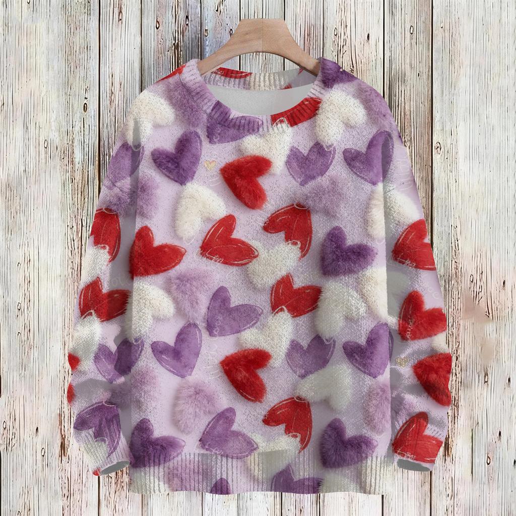Women's Fashion Casual Long,Sleeve Valentine's Day Round,Neck Knit Pullover Top