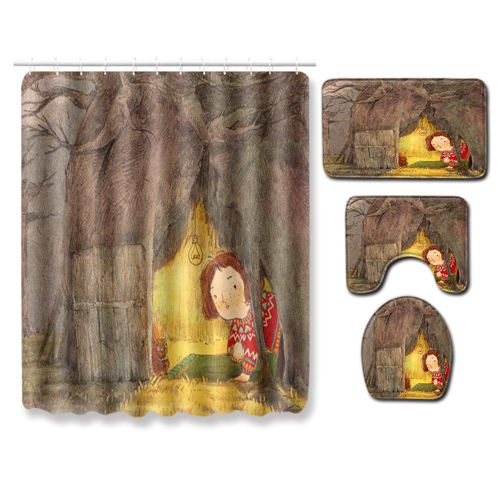 Healing Tree Hole Bathroom Shower Curtain Floor Mat Toilet Cover Foot Mat Four-Piece Pattern Size