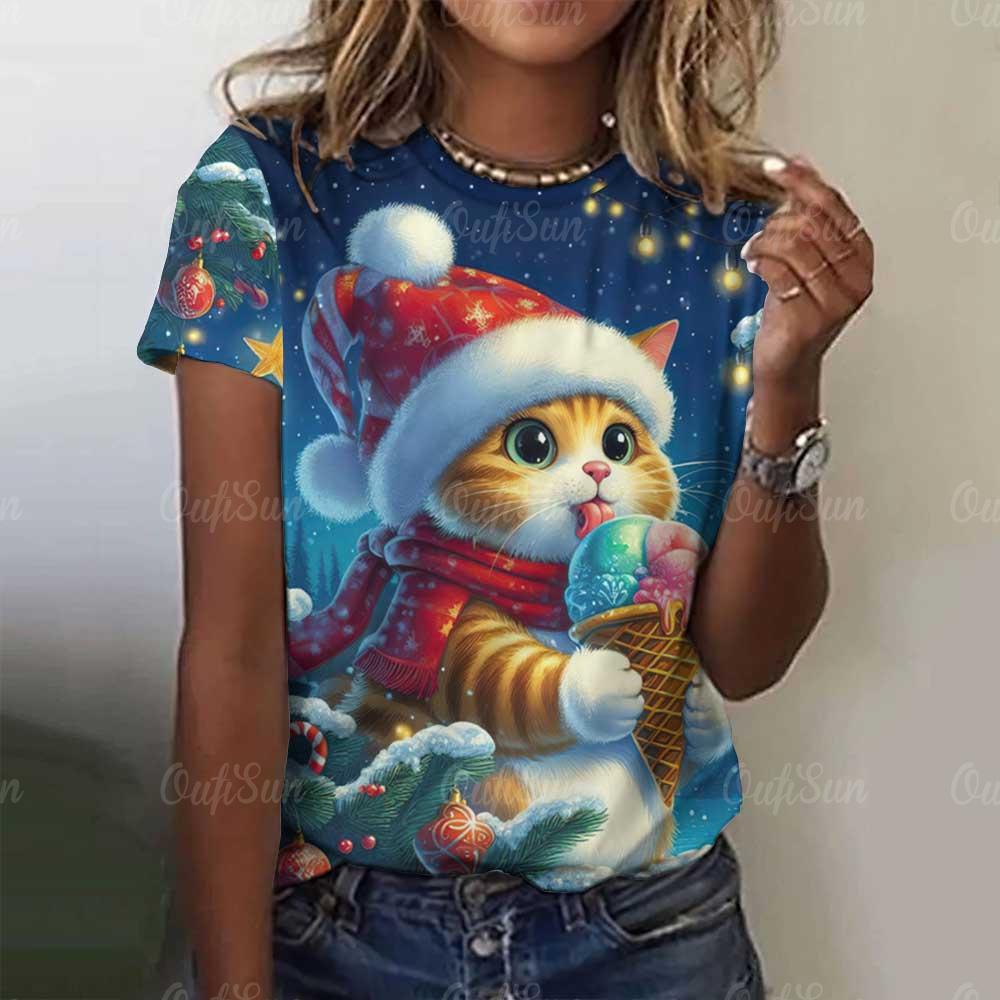Damen Niedliches Katze Kurzarm T-Shirt Weihnachten Tiere Aufdruck Rundhals T-Shirt 2024 Mode Kleidung Sommer Lässig Oversize