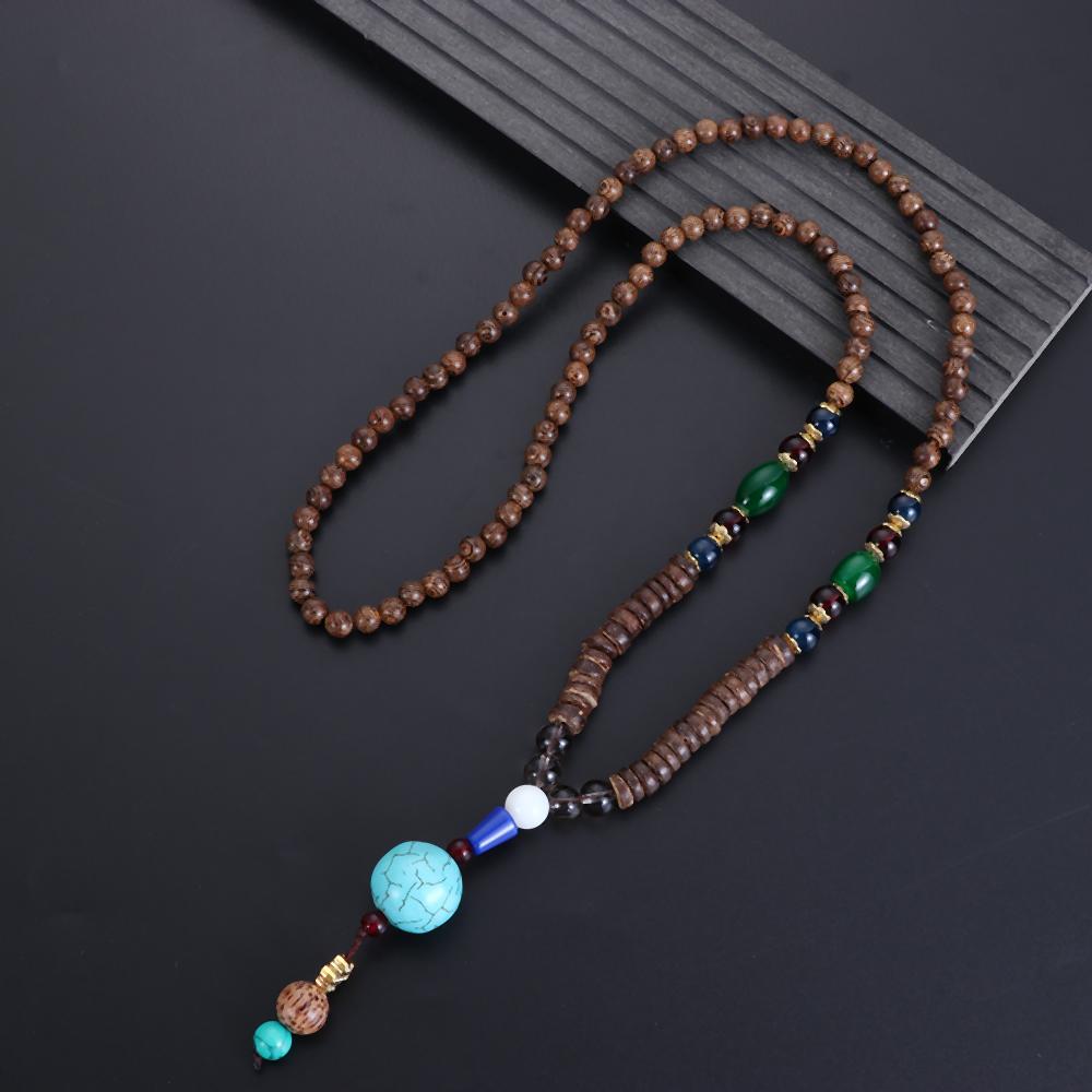 Vintage Ethnic Jewelry Party Handmade Mala Wood Bead Horn Fish Pendant Nepal Necklace Buddhist