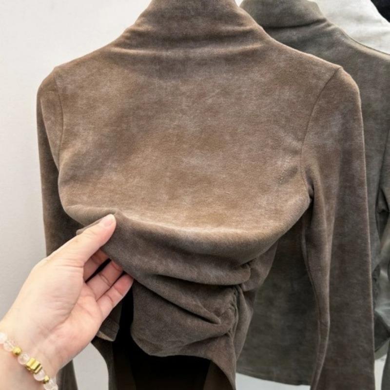 Inverno Novo Meio Ombro Gola Alta Cintura Dobrada Tie Dye Manga Longa Veludo Por Dentro Com Uma Blusa Base Camiseta