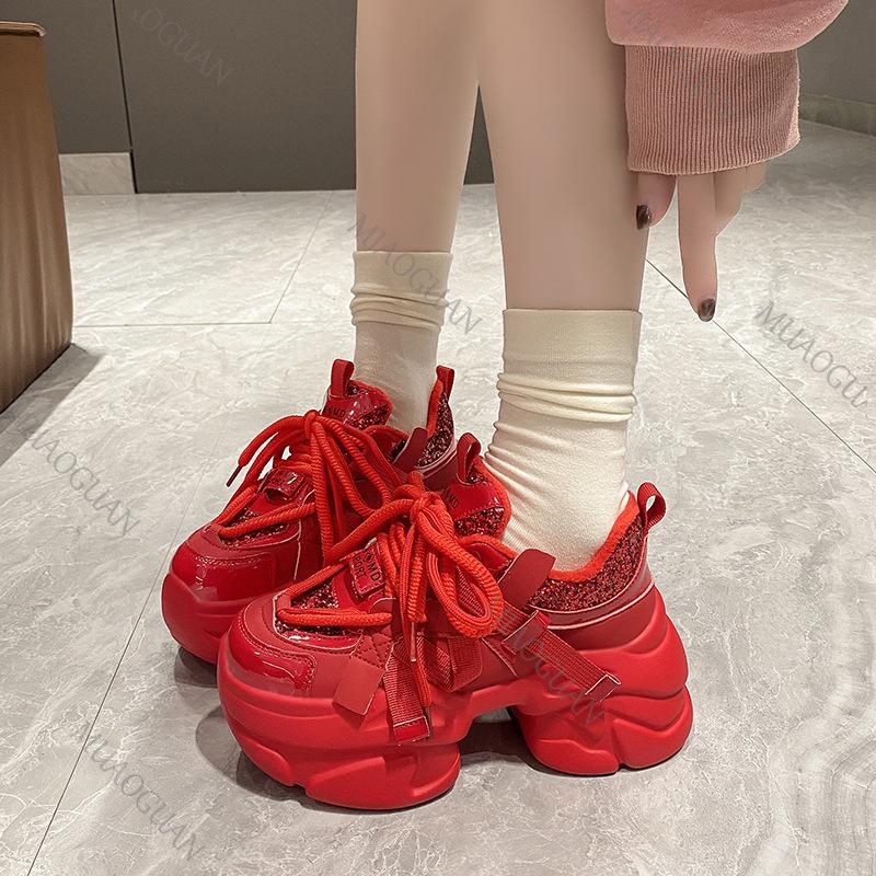 Fashion Women Platform Sneakers Spring Autumn 8cm Chunky High Heels Bling Red Ladies Wedges Casual Dad Shoes Leather Sports Sneakers