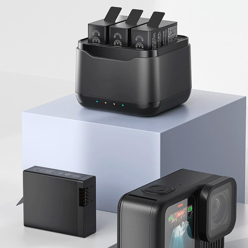 Portable 3 Slot Charger Station Holder for 13 Black Camera Batteries with USB C Charging Cable Power Cord