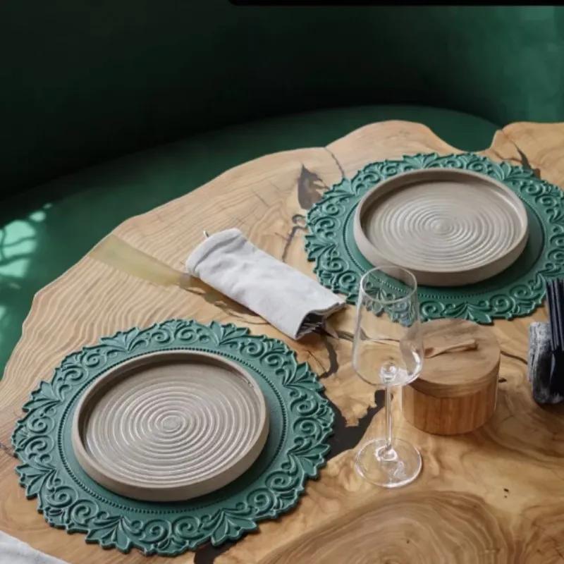 1/1/6PCS Table Placemats Round Kitchen PU Faux Leather Table Mats Non-Slip Table Pad Mats Party Christmas Decoration Green 18cm