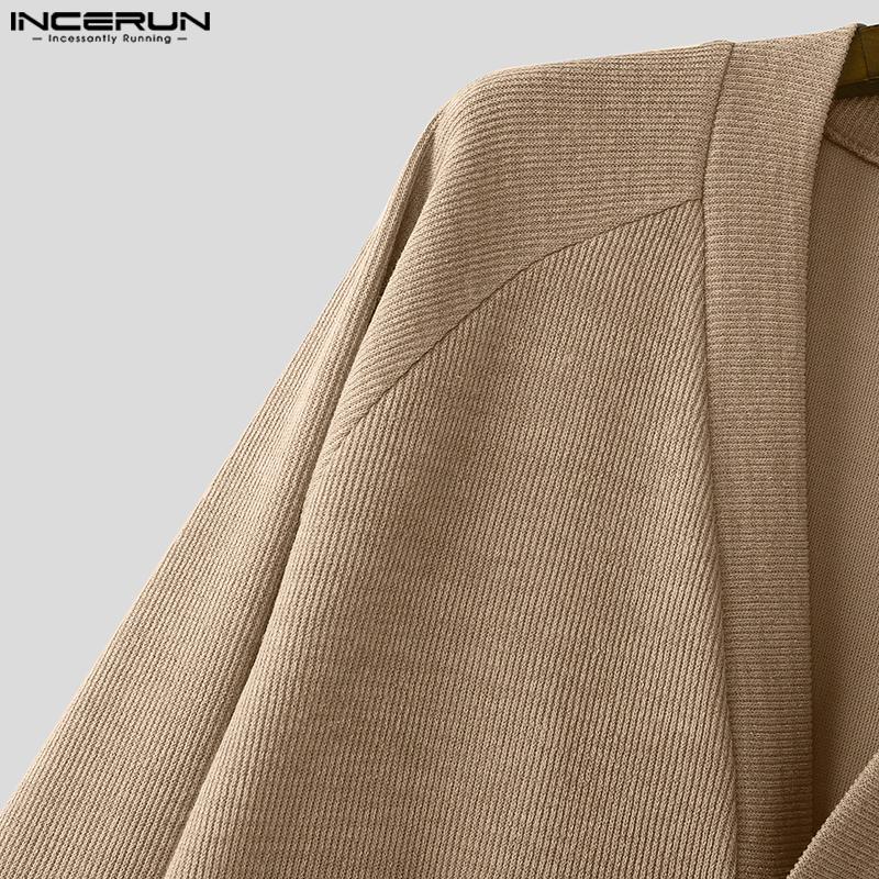 INCERUN Oversized Men V Neck Long Sleeve Buttons Loose Ribbed Knit Cardigan Tops