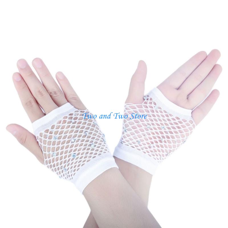 HX6F Stylish Mesh Gloves With Rhinestones Breathable Nylon For Dancing And Concerts белый
