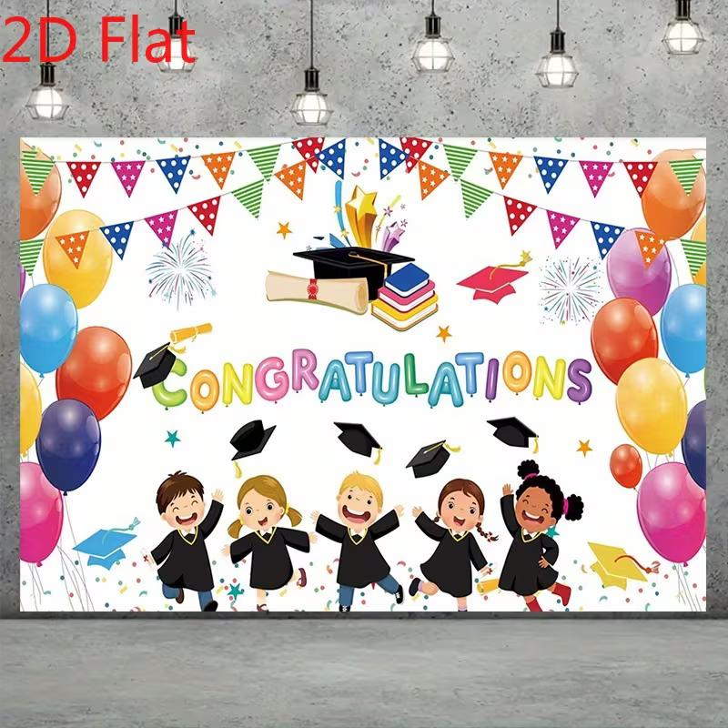 

2D Preschool Graduation Party Backdrop, Congratulations with Kids, Graduation Cap & Balloons Background 47.2x31.5inch/120*80cm