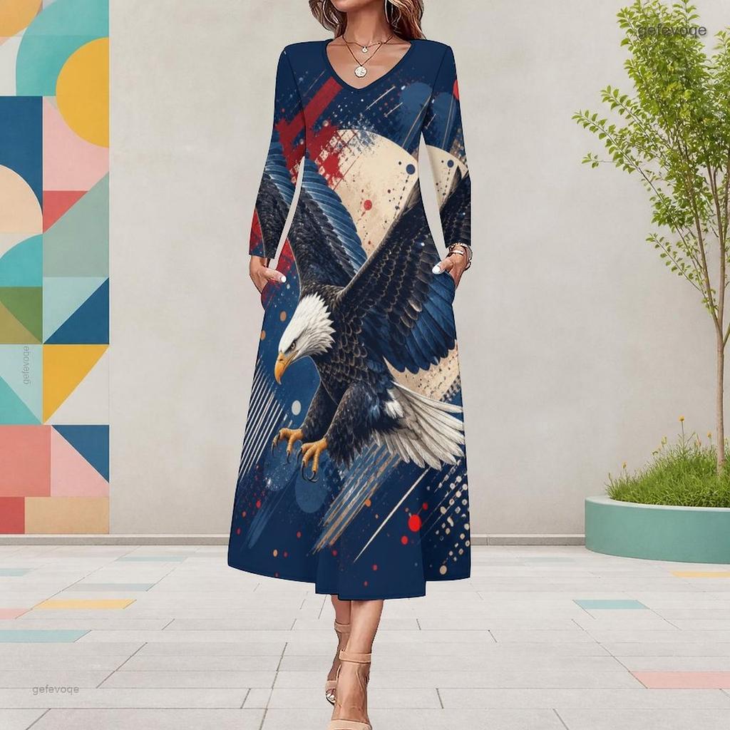 Women Plus Size V Neck Long Sleeve Star Swirl Print A Line Midi Dress With Pockets