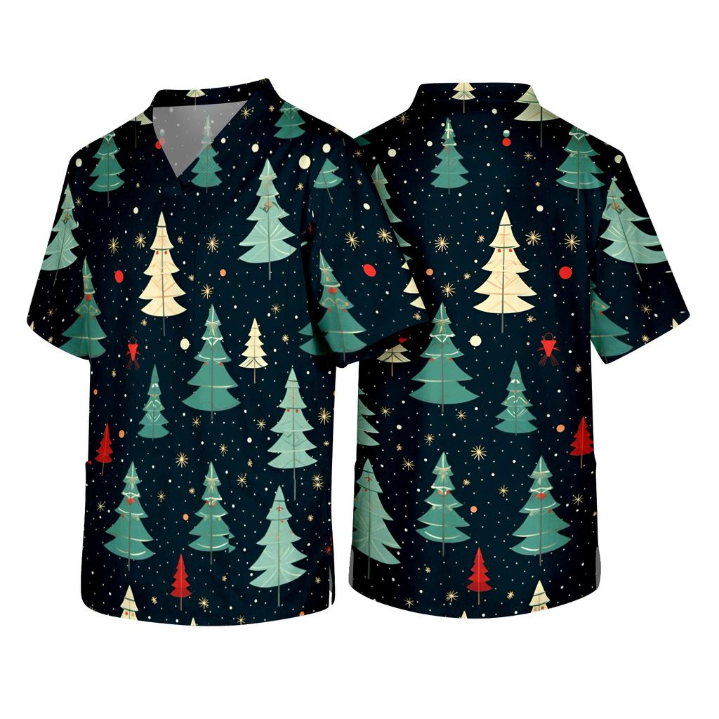 Men's Christmas Themed Holiday Caregiver Uniform for Work in Hospitals and Clinics