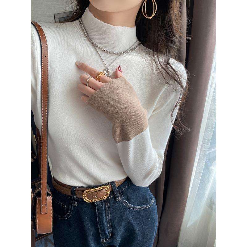 Elegant Semi Turtleneck Knitted Women's Bottom Sweater Fashion Autumn Winter Long Sleeve Casual Splice Tops Fashion Slim Fit Office Basic Clothing