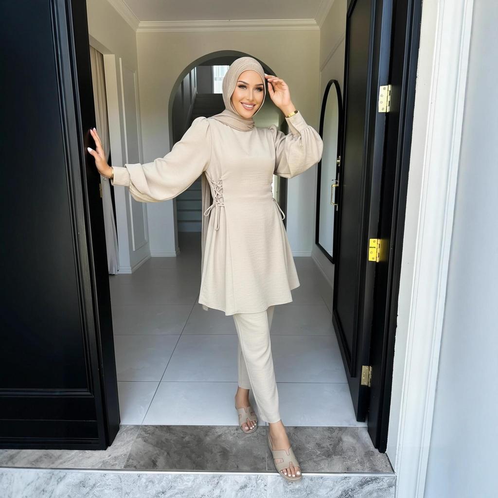 Women's Solid Color Two-Piece Set: Fashionable Top & Pants for Middle Eastern Style