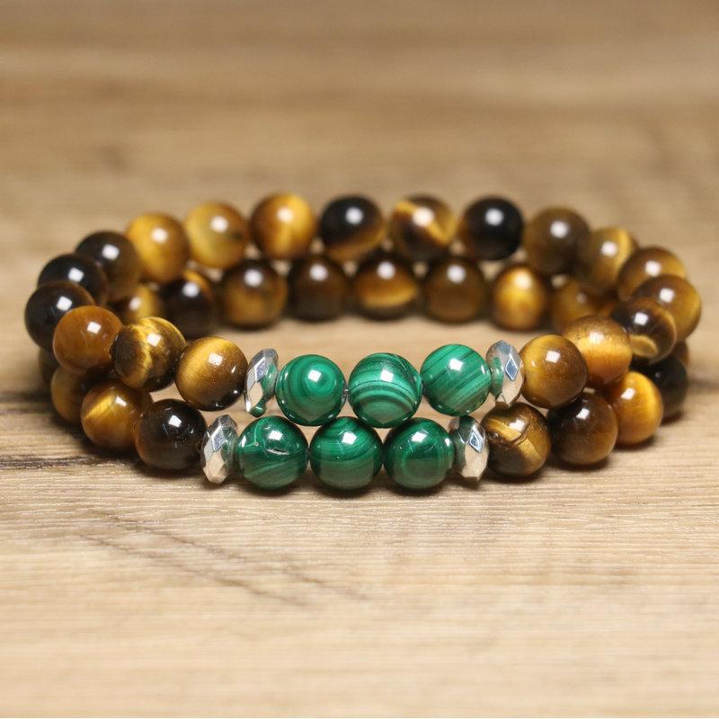 Tiger's Eye Malachite Bead Bracelet – Black Onyx Silver Accent Protection Jewelry, Men's Grounding Gift