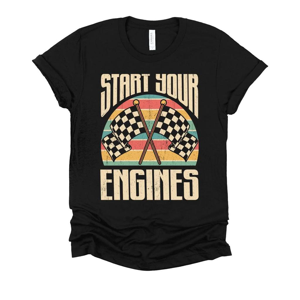 Start Your Engines Retro Racing T Shirt Vintage Checkered Flag Car Racer Motorsport For Enthusiast Sizes Xs 4x Vintage