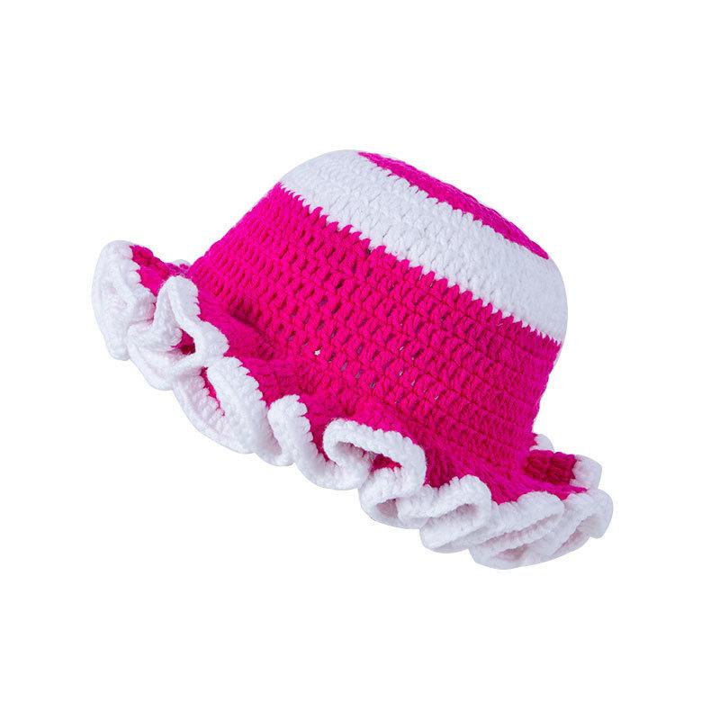 New Colorful Crochet Ruffle Brim Knit Bucket Hats Winter Woman Handmade Stretch Fisherman Cap Outdoor Warm Windproof Beanie Hat